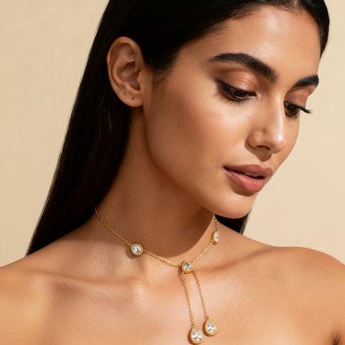 Woman wearing crystal lariat necklace